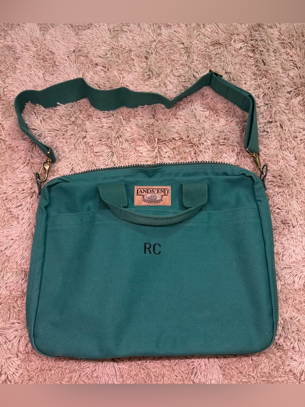 Vintage Lands End Square Rigger Teal Canvas Briefcase Messenger Bag 17”